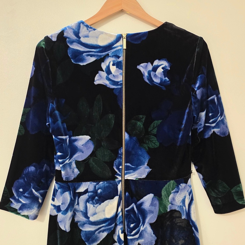 Calvin Klein Dark Floral Velvet Midi Dress Sz 10 Blue Rose Office‎ Evening - Picture 7 of 15